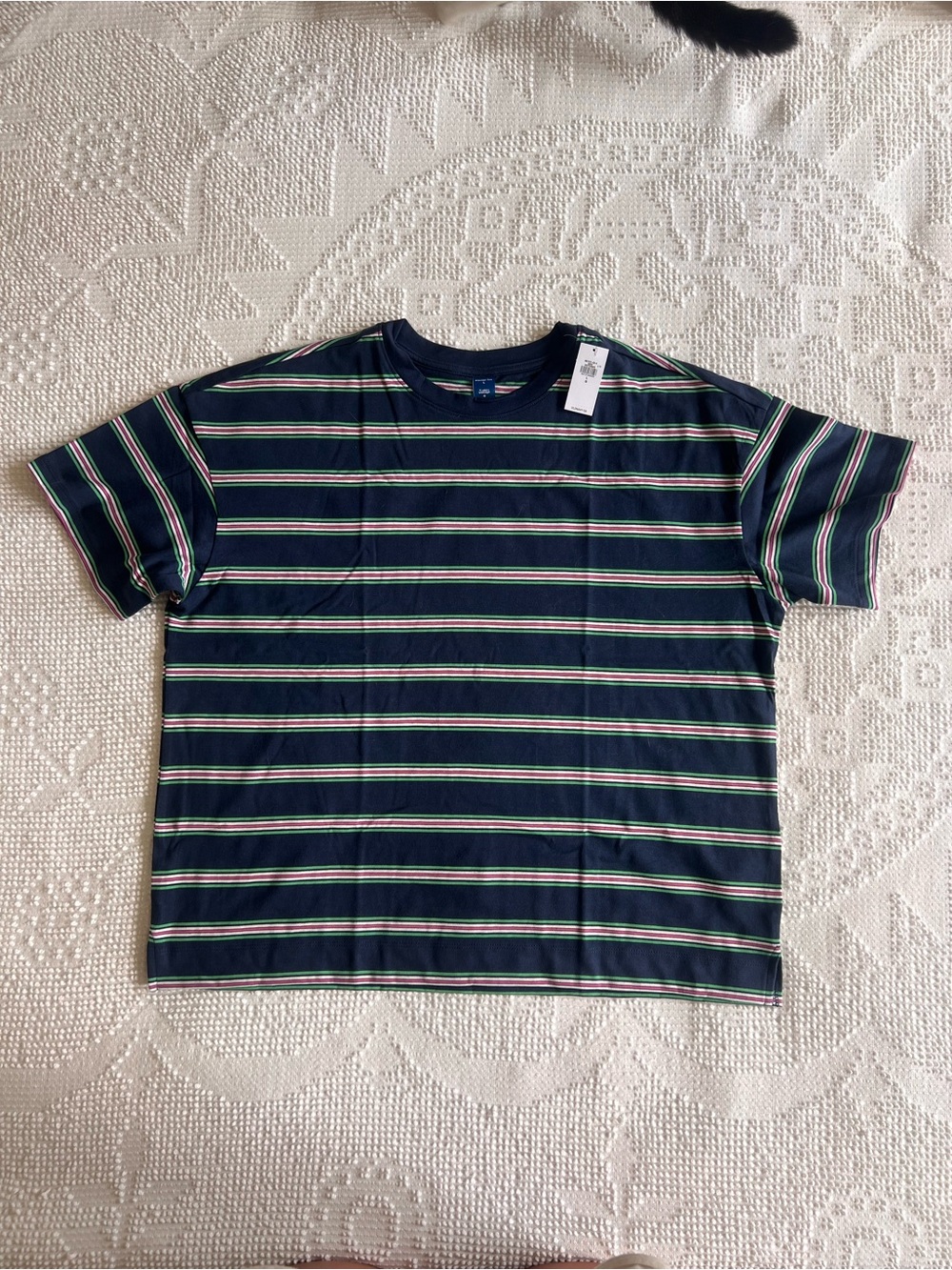 BNWT Vintage 90s Style Navy Striped Short Sleeve Tee with Green & Pink Accents